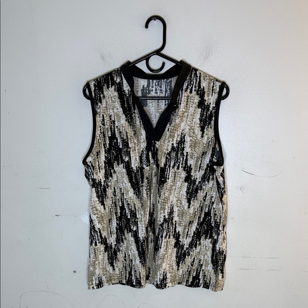 Coral Bay Black Tan White Patterned Blouse Size Petite Large